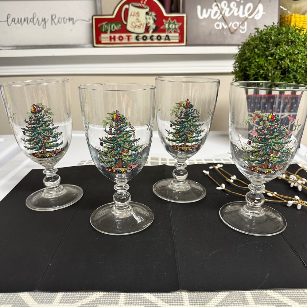 Spode Christmas Tree 16 Oz Pedestal Goblets Water Wine‎ 4 Pc Set